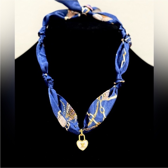 Blue Silk Scarf Necklace with Gold Charm - Picture 4 of 7